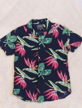 Bonobos Navy Button-Down Shirt with Pink & Green Tropical Print